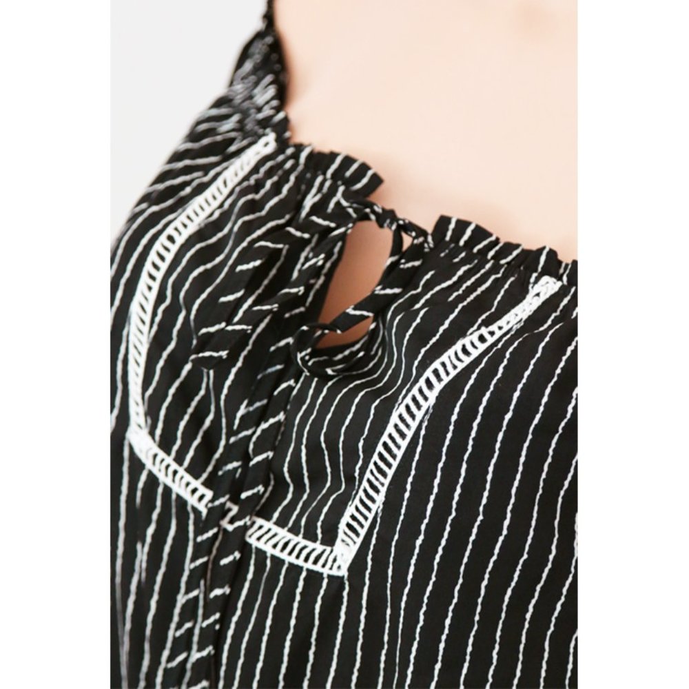 Black Stripe Off Shoulder Bell Sleeves Boho Romper - Picture 5 of 9